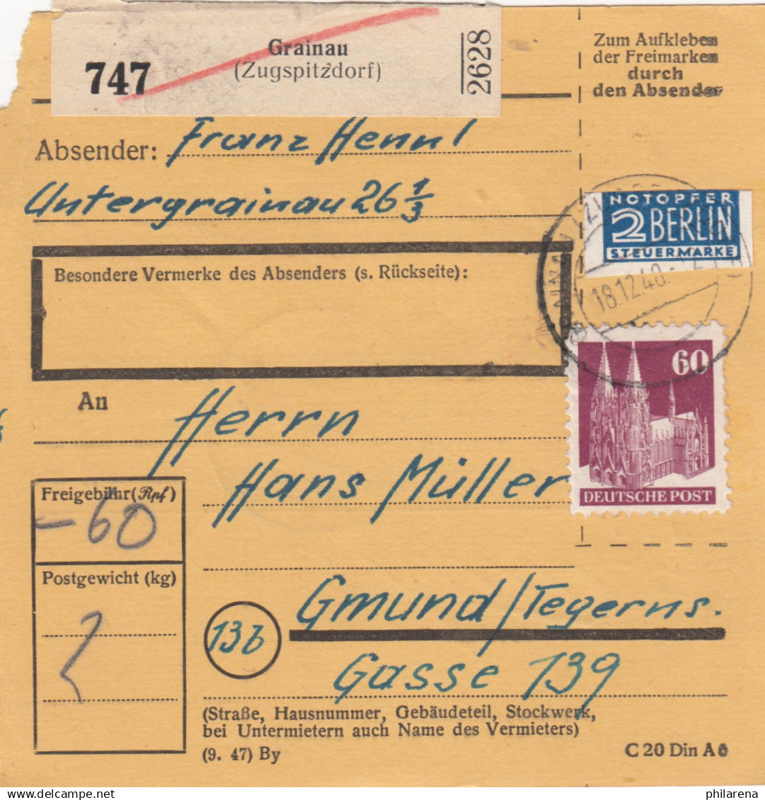 BiZone Paketkarte 1948: Grainau Nach Gmund - Tegernsee - Lettres & Documents