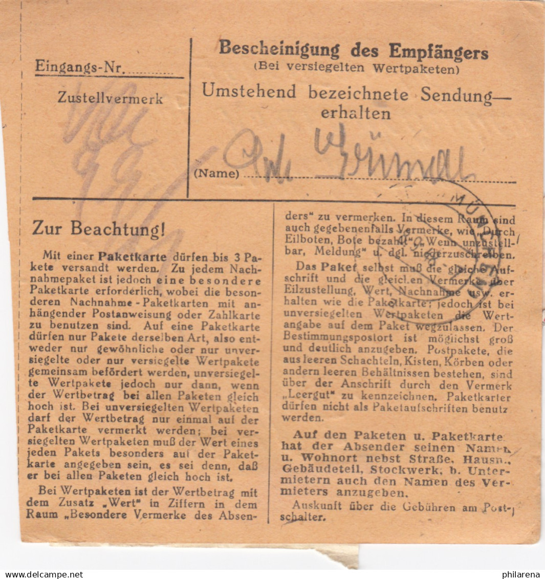 BiZone Paketkarte 1948: Bernried B. Metten Nach Haar B. München - Lettres & Documents