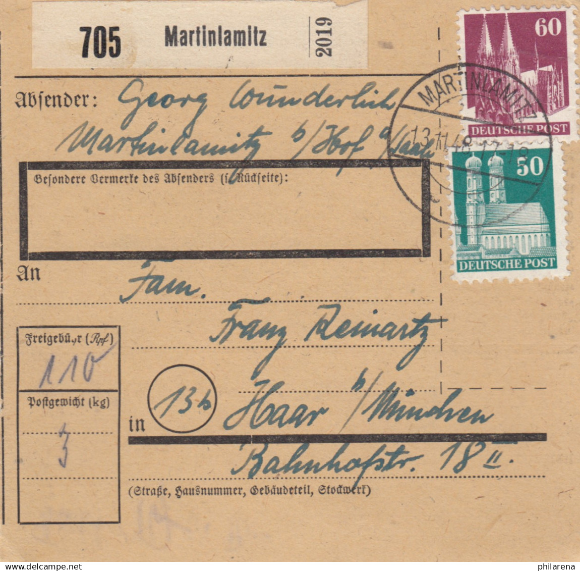 BiZone Paketkarte 1948: Martinlamitz Nach Haar Bei München - Brieven En Documenten