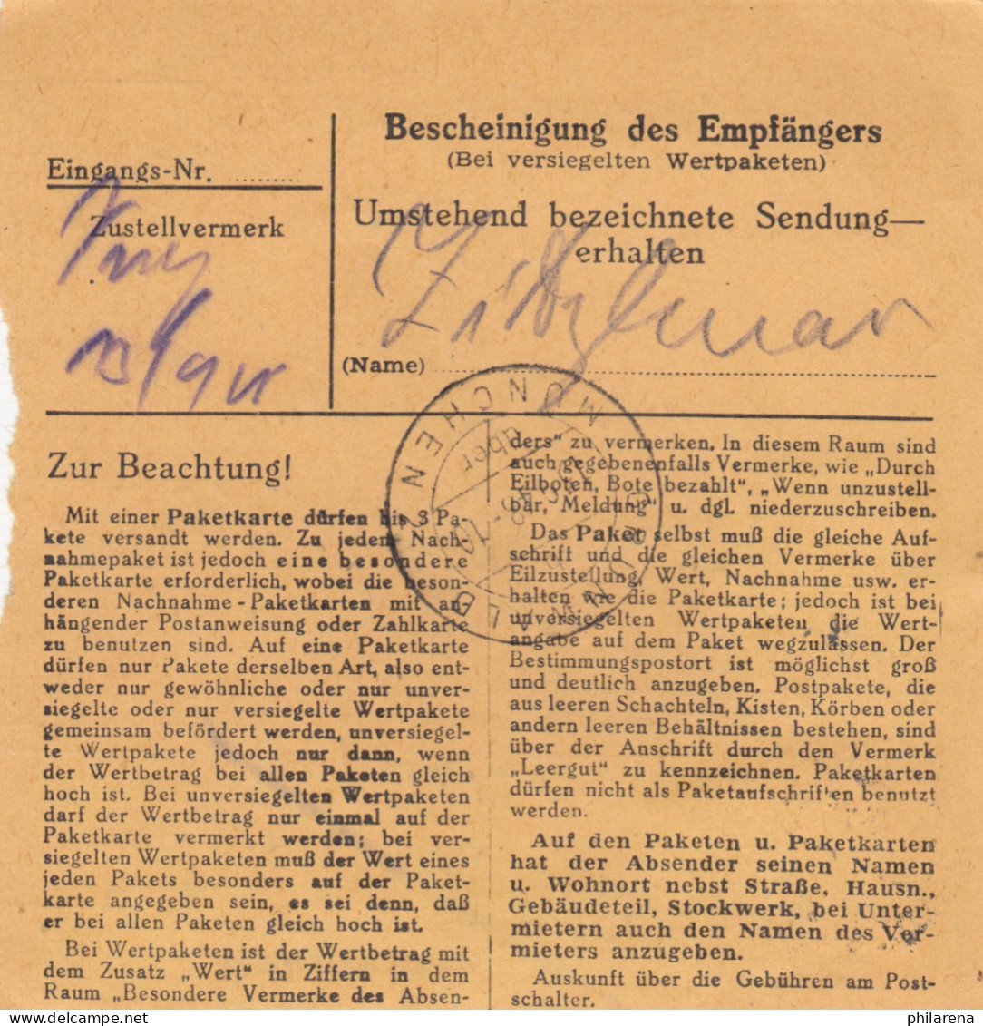 BiZone Paketkarte 1948: Walting Nach Grünwald - Brieven En Documenten
