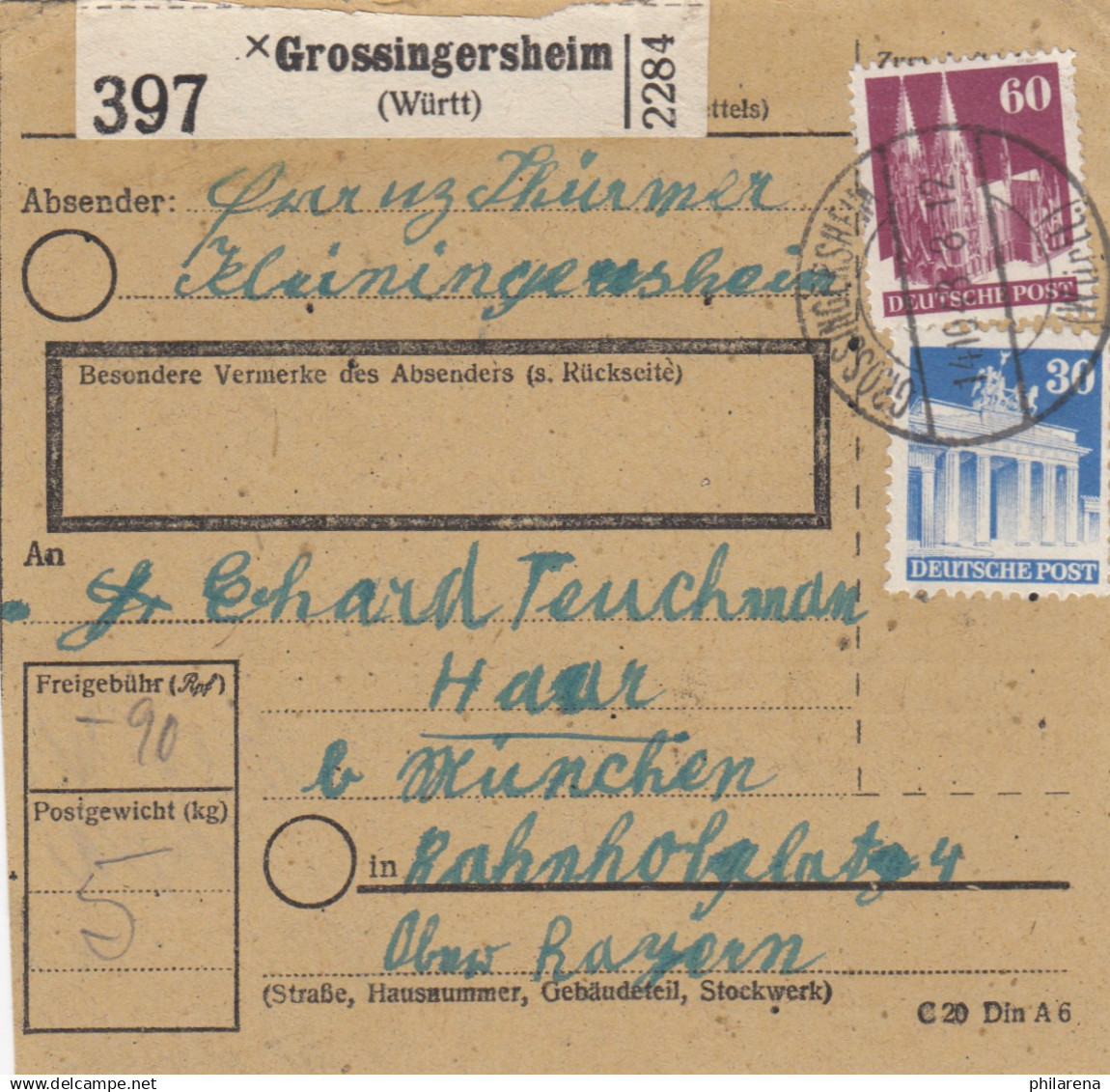 BiZone Paketkarte 1948: Grossingersheim Nach Haar Bei München - Cartas & Documentos