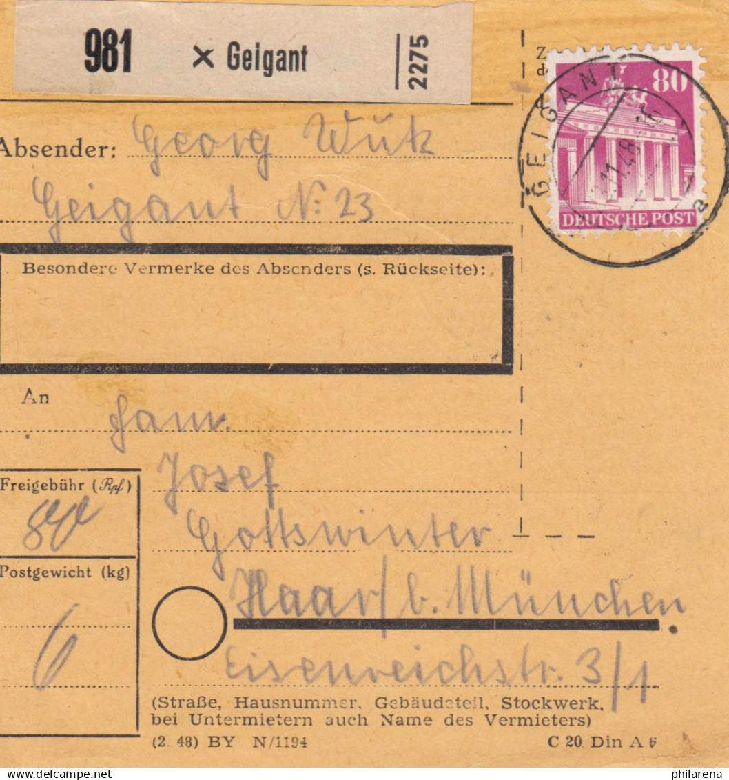 BiZone Paketkarte 1948: Geigant Nach Haar München - Cartas & Documentos