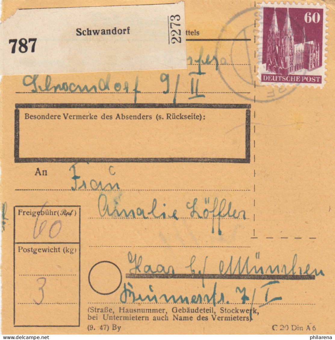 BiZone Paketkarte 1948: Schwandorf Nach Haar - Lettres & Documents