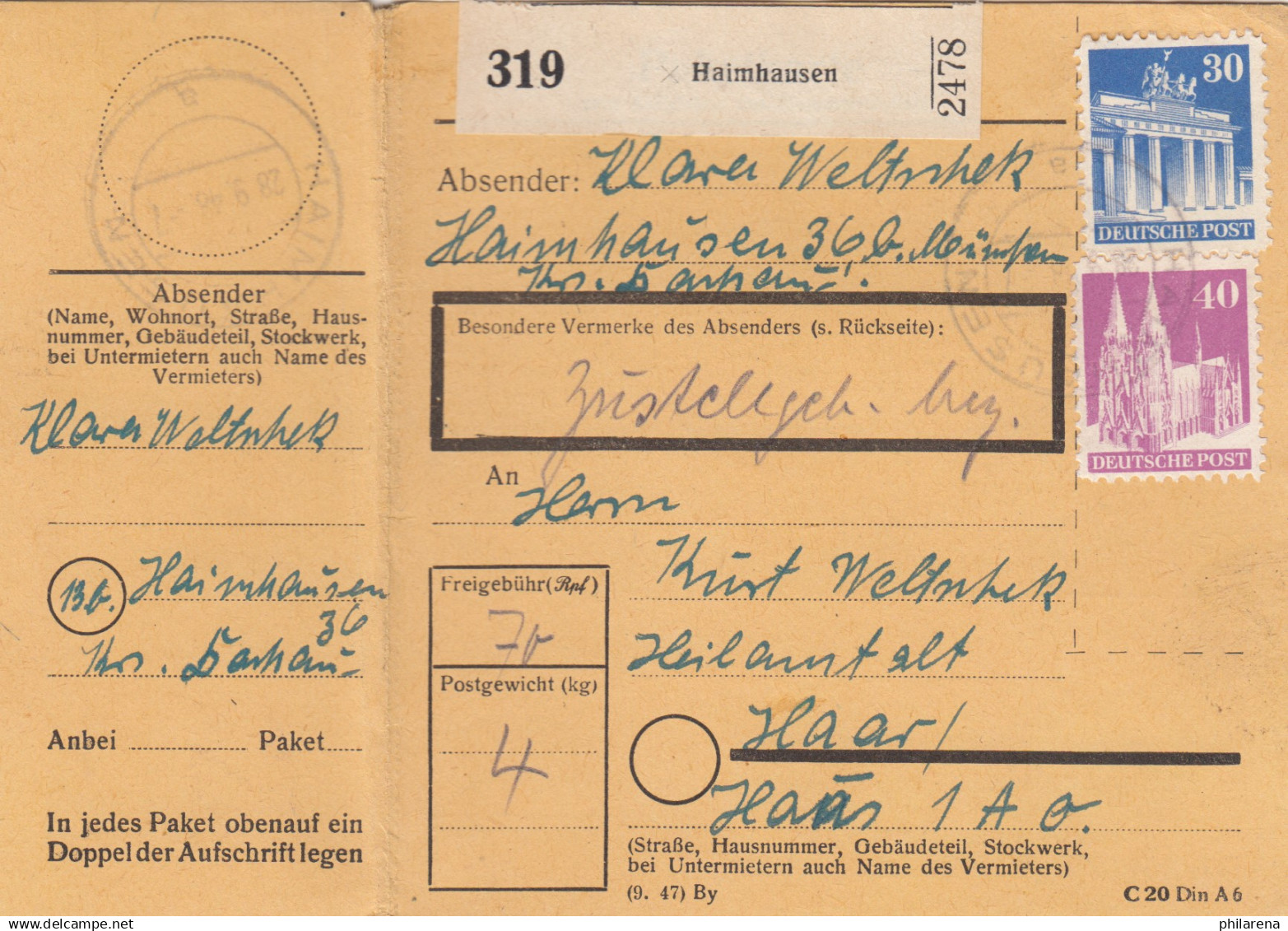 BiZone Paketkarte 1948: Haimhausen Nach Haar, Heilanstalt - Cartas & Documentos