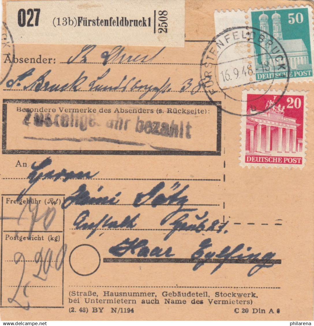 BiZone Paketkarte 1948: Fürstenfeldbruck Nach Haar Eglfing - Brieven En Documenten