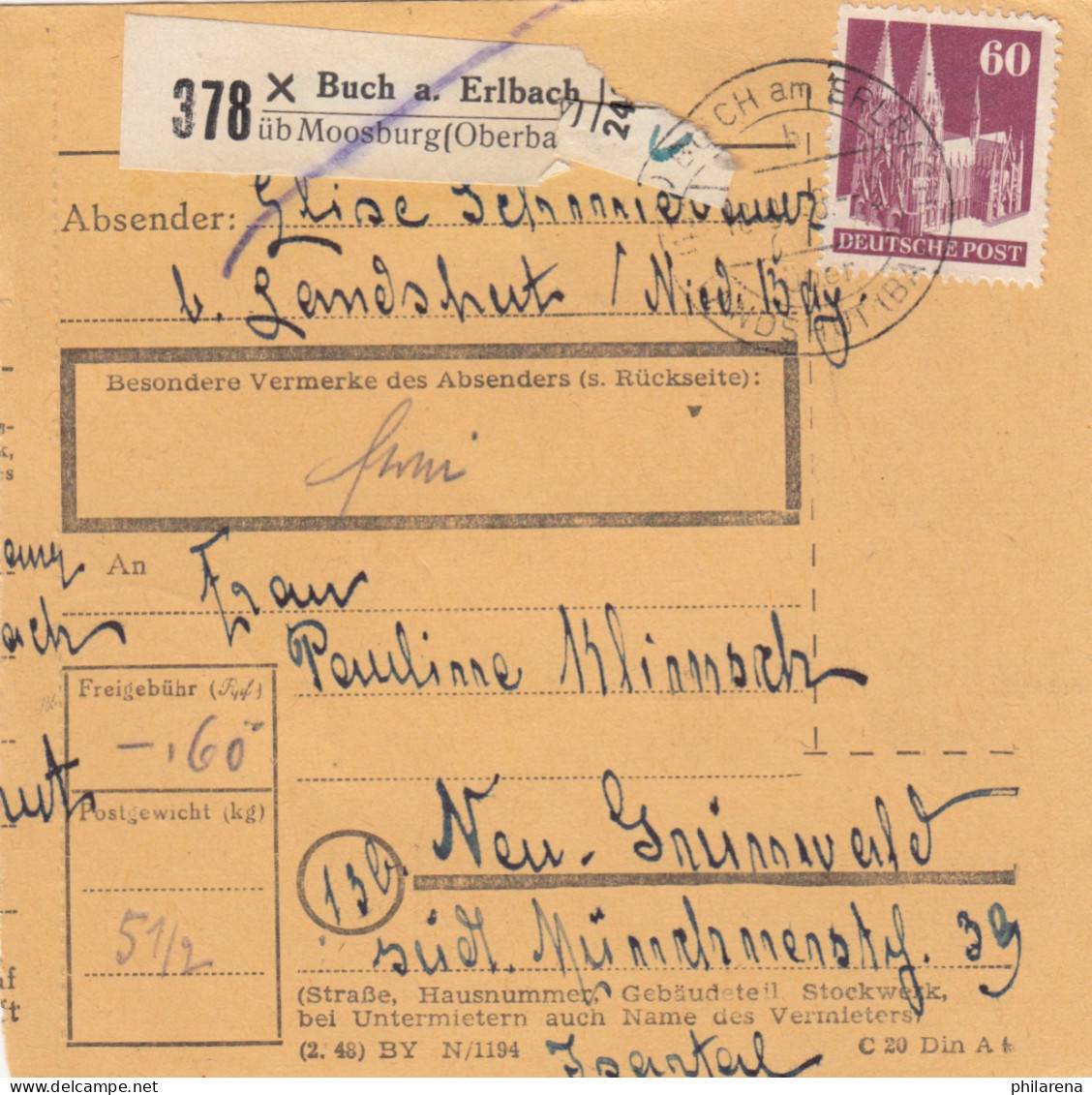 BiZone Paketkarte 1948: Buch A. Erlbach Nach Neu-Grünwald - Cartas & Documentos