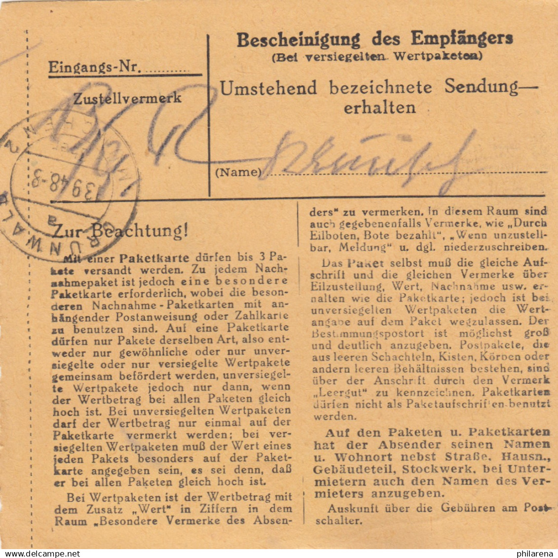 BiZone Paketkarte 1948: Buch A. Erlbach Nach Neu-Grünwald - Lettres & Documents