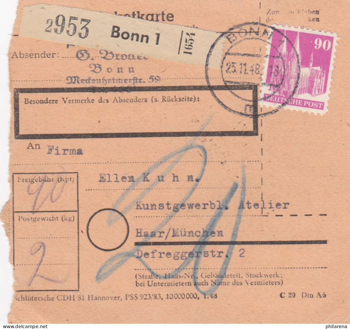 BiZone Paketkarte 1948: Bonn Nach Haar, Nachgebühr - Covers & Documents
