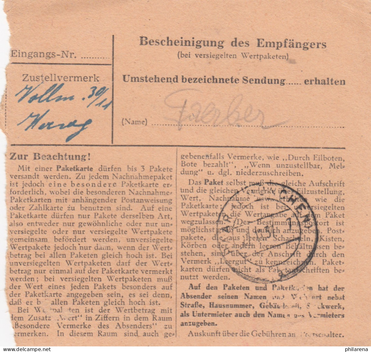BiZone Paketkarte 1948: Bonn Nach Haar, Nachgebühr - Covers & Documents