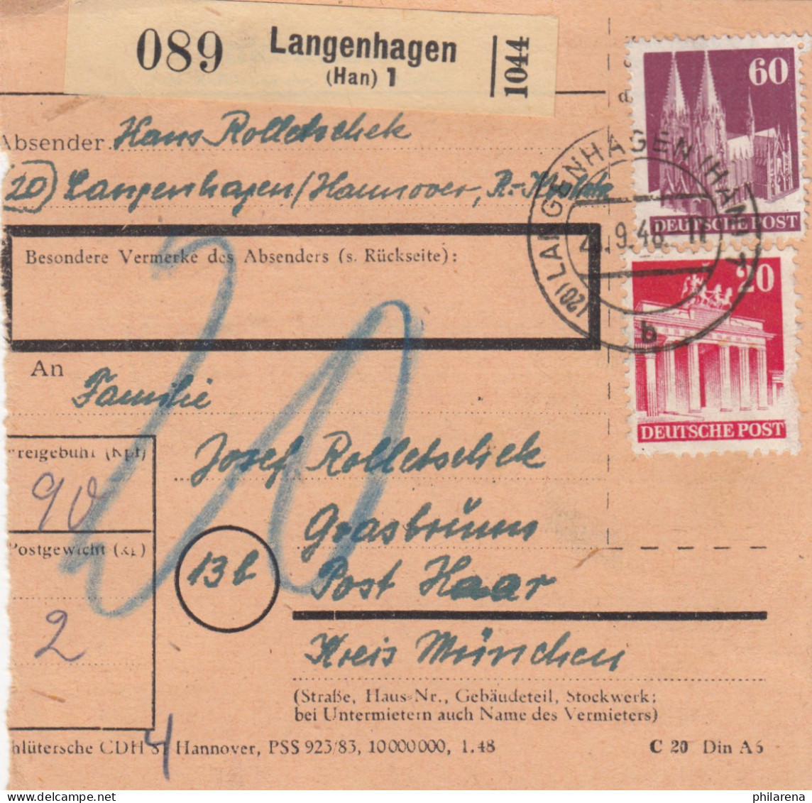 BiZone Paketkarte 1948: Langenhagen Nach Haar Kreis München - Brieven En Documenten