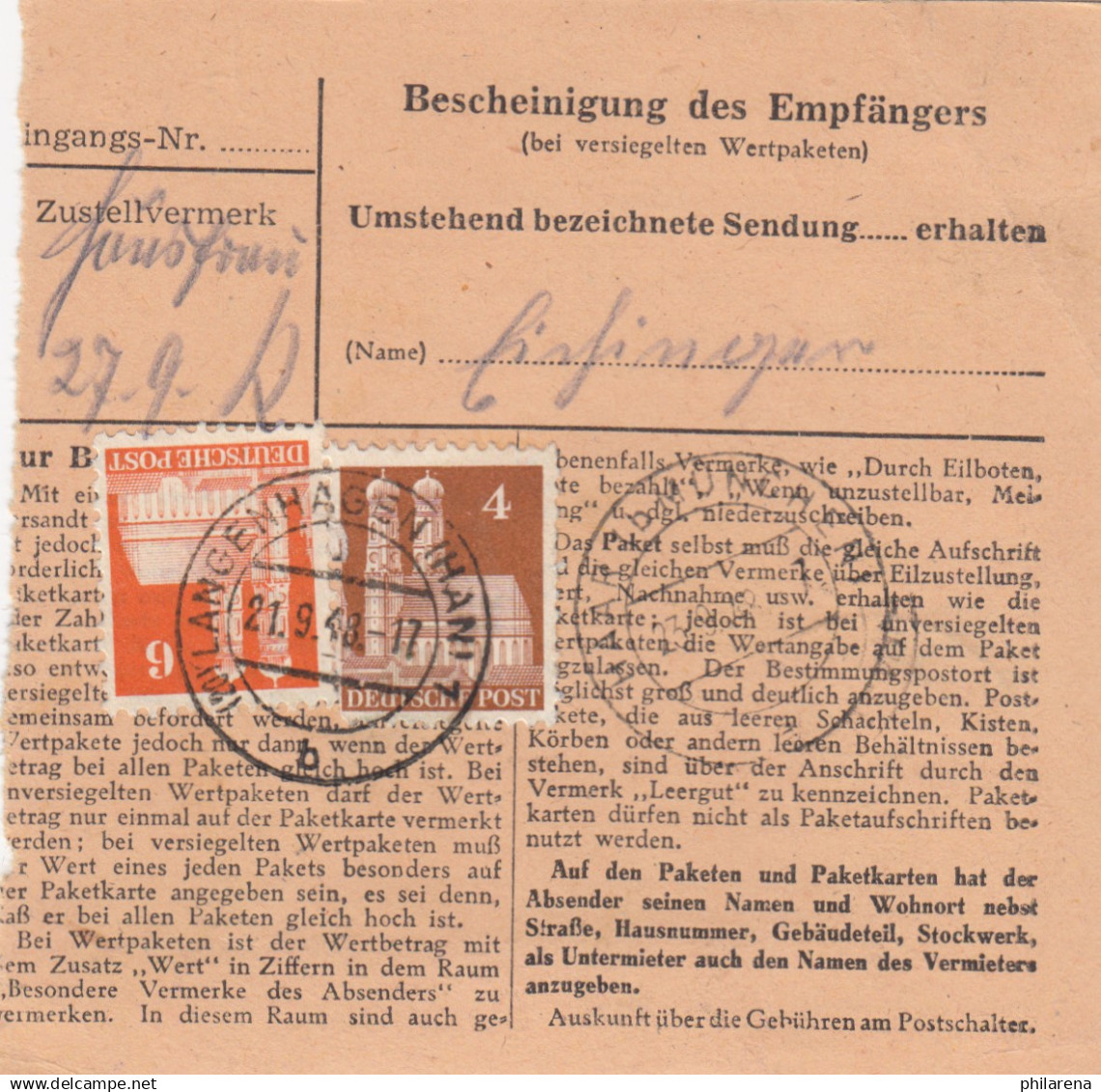 BiZone Paketkarte 1948: Langenhagen Nach Haar Kreis München - Cartas & Documentos