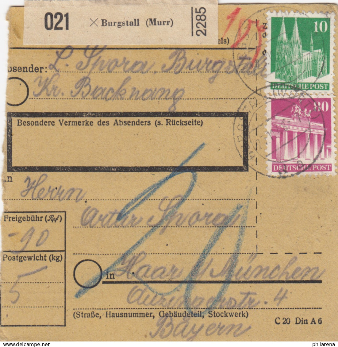 BiZone Paketkarte 1948: Burgstall (Murr) Nach Haar, München - Covers & Documents