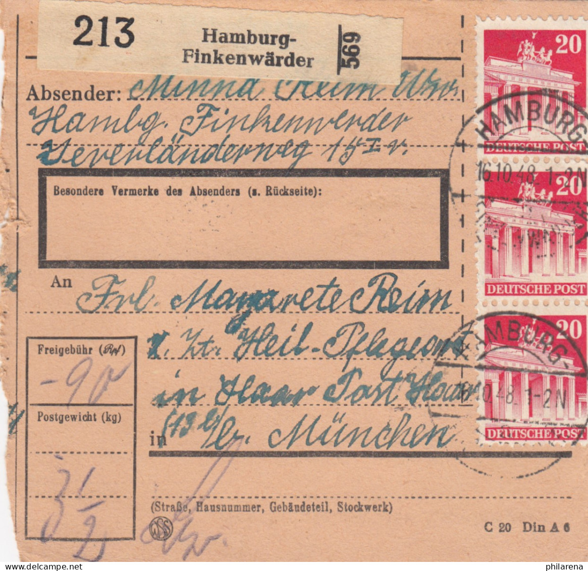 BiZone Paketkarte 1948: Hamburg-Finkenwärder Nach Haar, Heilanstalt - Lettres & Documents