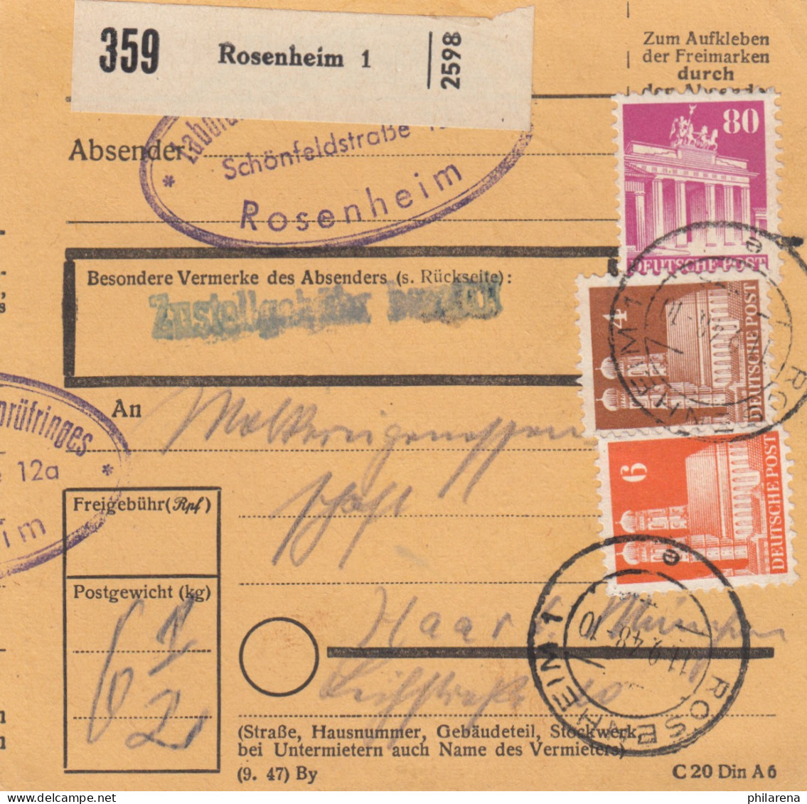 BiZone Paketkarte 1948: Rosenheim Nach Haar Bei München - Cartas & Documentos