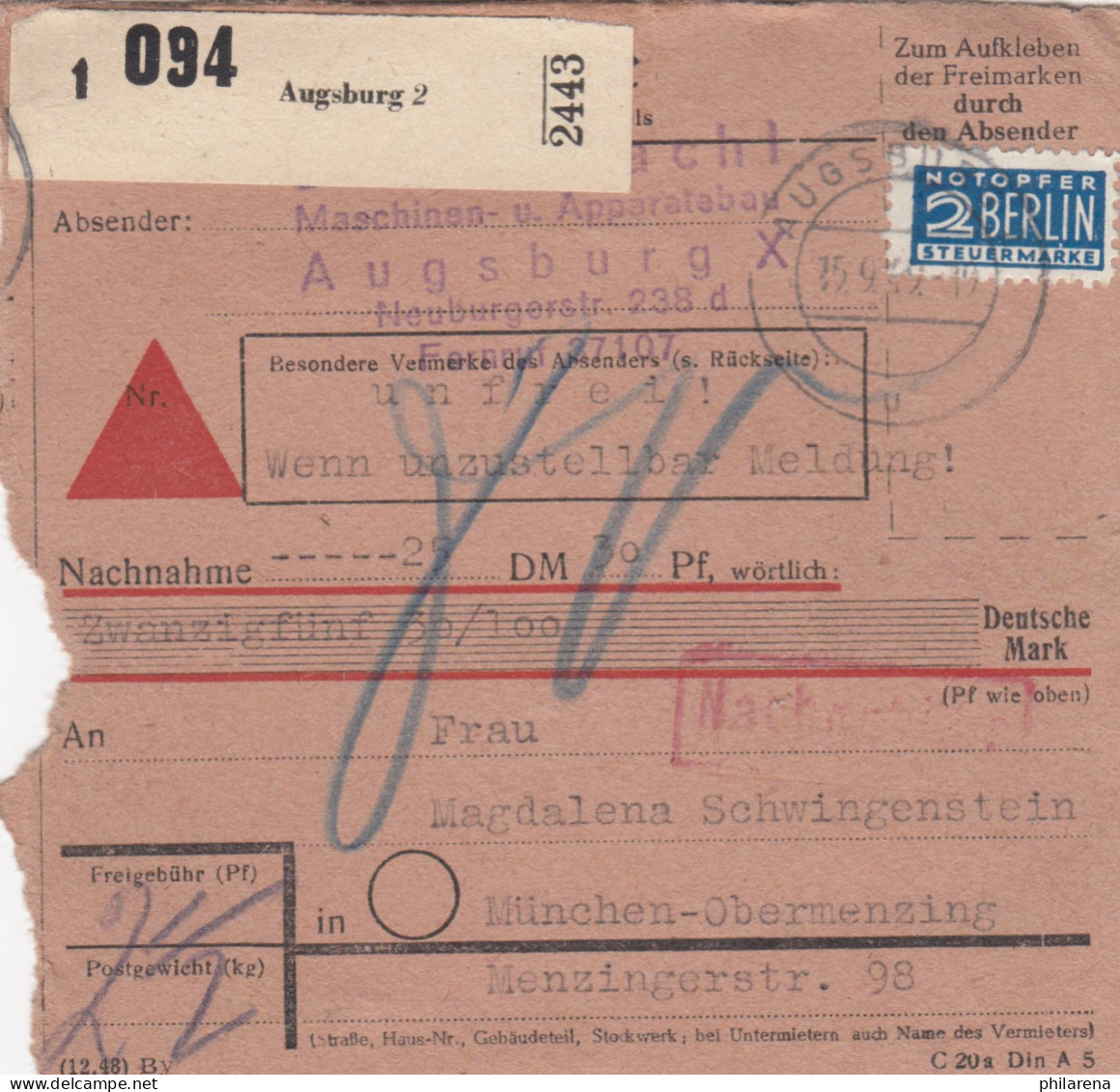 BiZone Paketkarte 1949: Augsburg Nach Obermenzing, Nachgebühr, Nachnahme - Brieven En Documenten