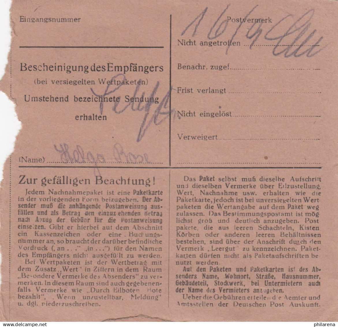 BiZone Paketkarte 1949: Augsburg Nach Obermenzing, Nachgebühr, Nachnahme - Cartas & Documentos