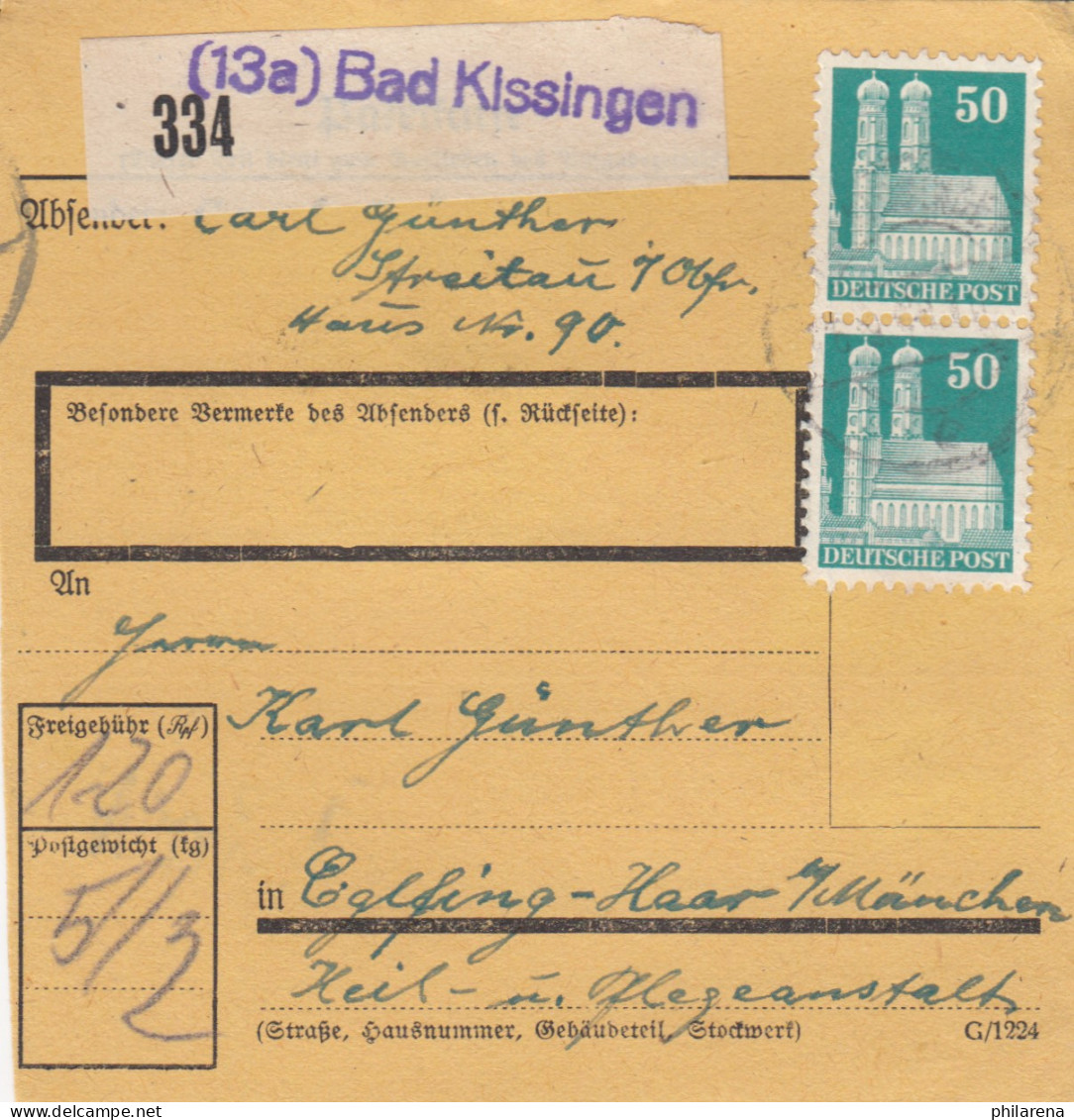 BiZone Paketkarte 1948: Bad Kissingen Nach Eglfing-Haar, Heil- U. Pflegeanstalt - Covers & Documents