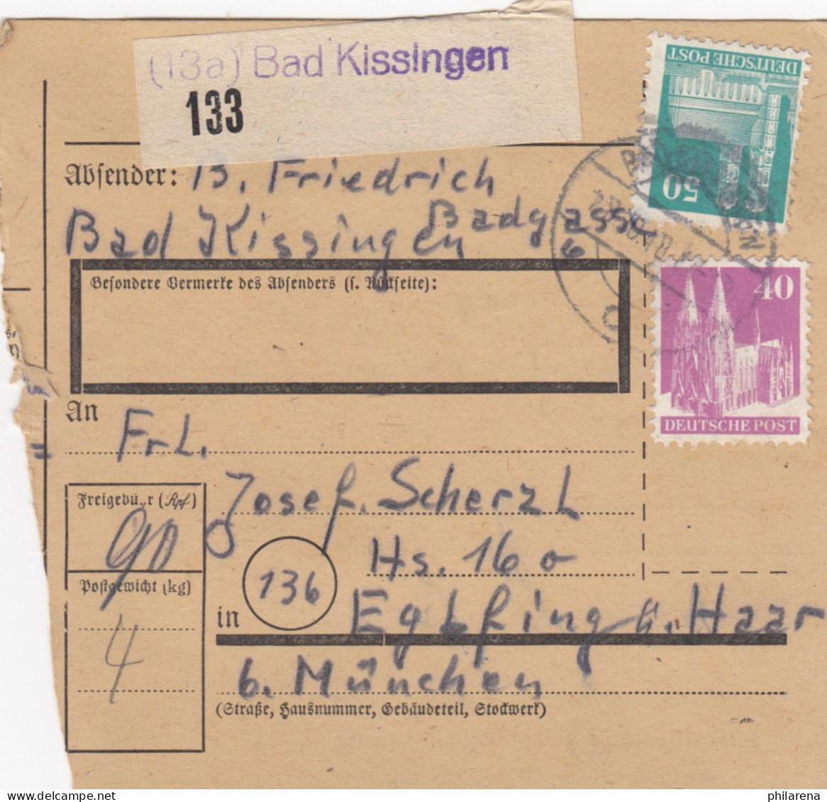 BiZone Paketkarte 1948: Bad Kissingen Nah Eglfing Haar - Cartas & Documentos