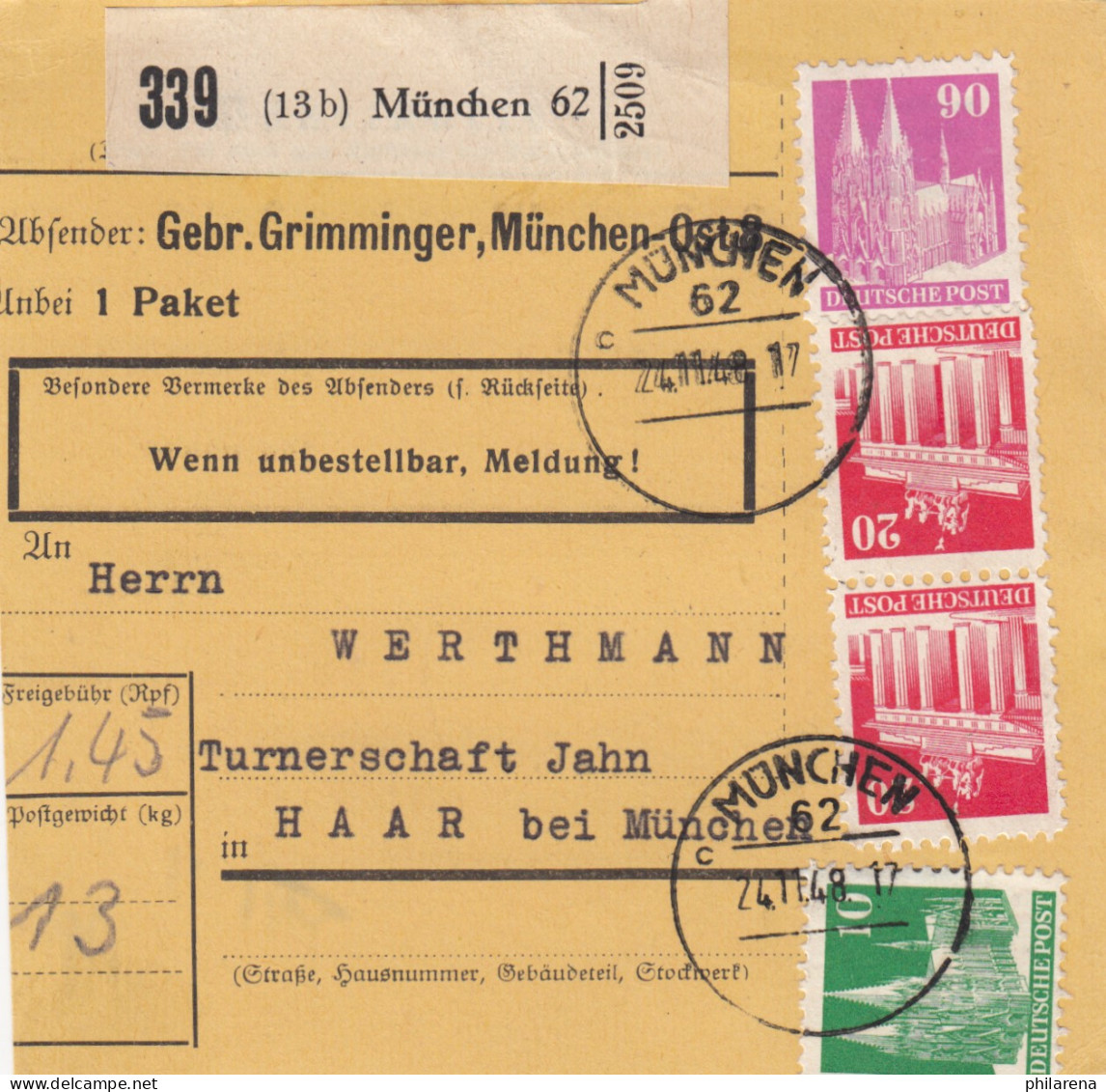 BiZone Paketkarte 1948: München Nach Haar, Turnerschaft, Selbstbucherkarte - Cartas & Documentos