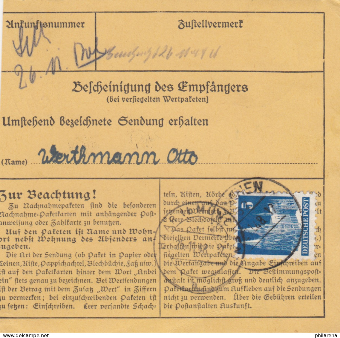 BiZone Paketkarte 1948: München Nach Haar, Turnerschaft, Selbstbucherkarte - Cartas & Documentos