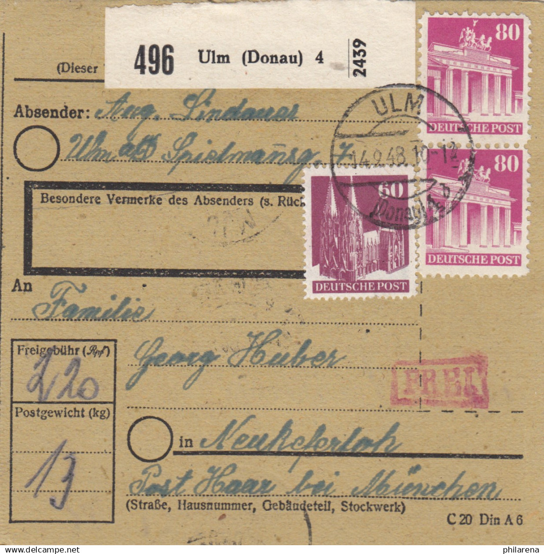 BiZone Paketkarte 1948: Ulm Nach Neukeferloh - Cartas & Documentos