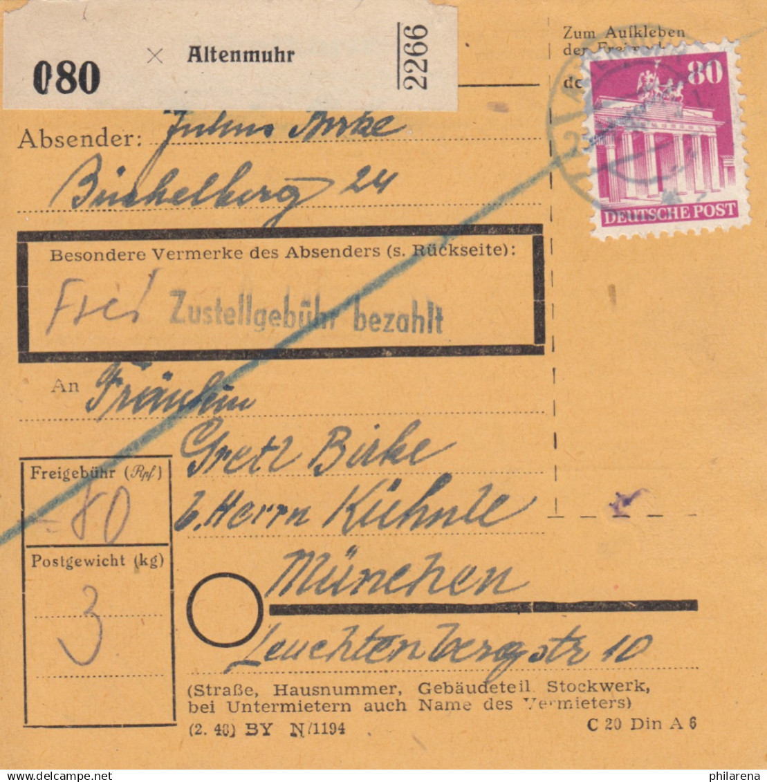 BiZone Paketkarte: Altenmuhr Nach München - Covers & Documents