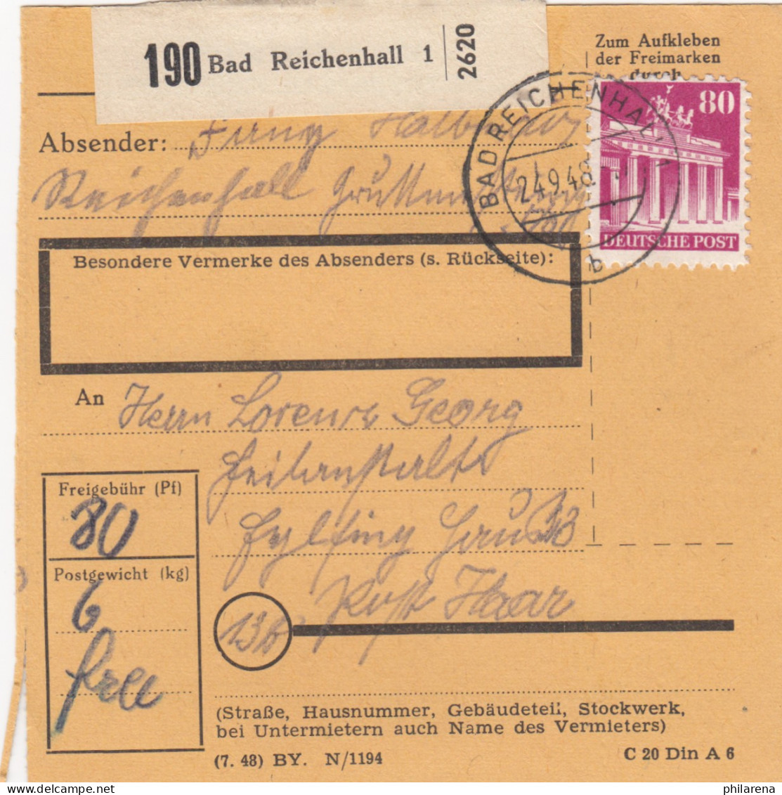 BiZone Paketkarte 1948: Bad Reichenhall Nach Eglfing, Anstalt - Brieven En Documenten
