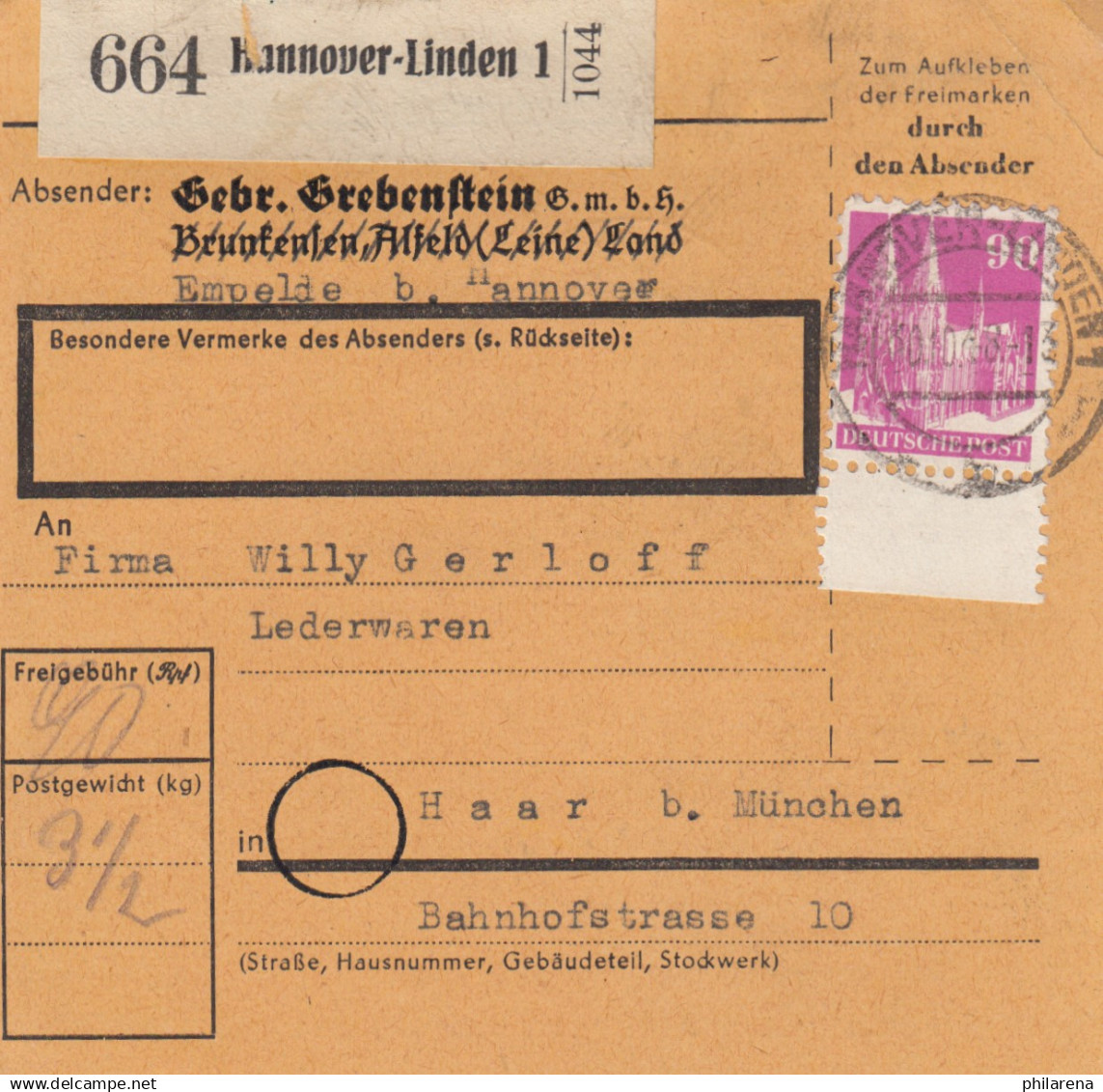 BiZone Paketkarte 1948: Hannover-Linden Nach Haar, Selbstbucherkarte Mit Wert - Lettres & Documents