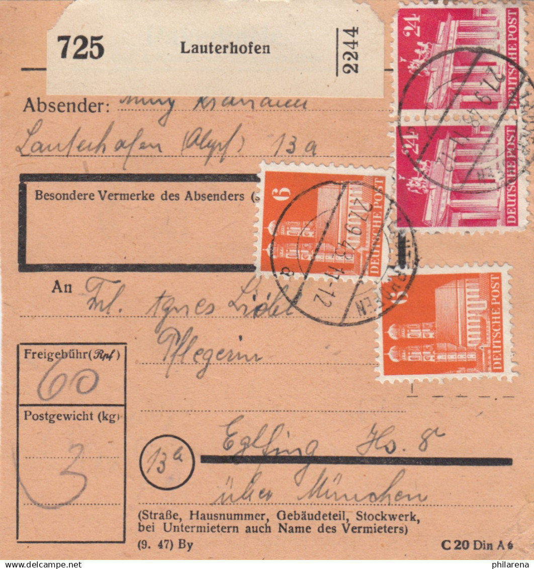 BiZone Paketkarte 1948: Lauterhofen Nach Eglfing, Pflegeheim - Storia Postale