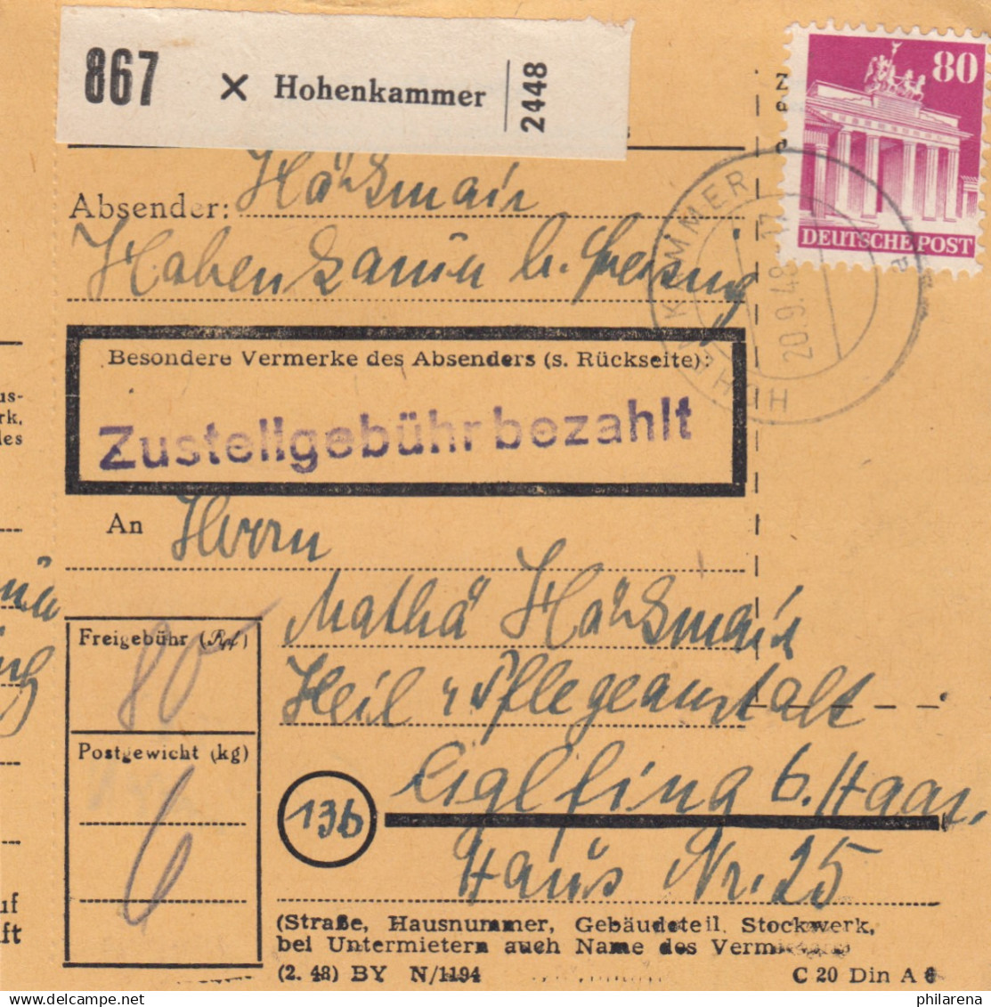 BiZone Paketkarte 1948: Hohenkammer Nach Eglfing, Heil- Und Pflegeanstalt - Covers & Documents