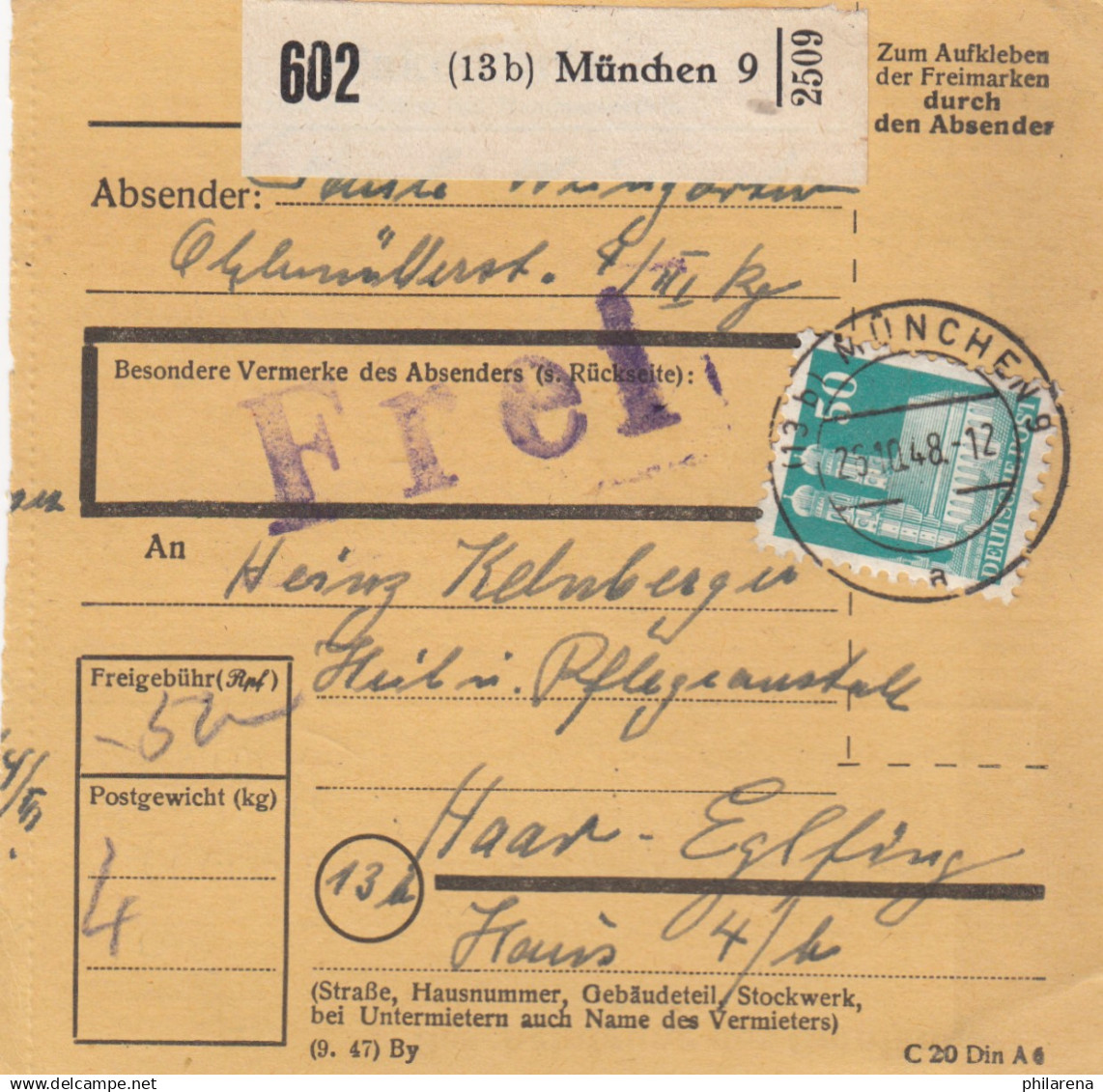 BiZone Paketkarte 1948: München 9 Nach Haar, Heil- U. Pflegeanstalt - Covers & Documents