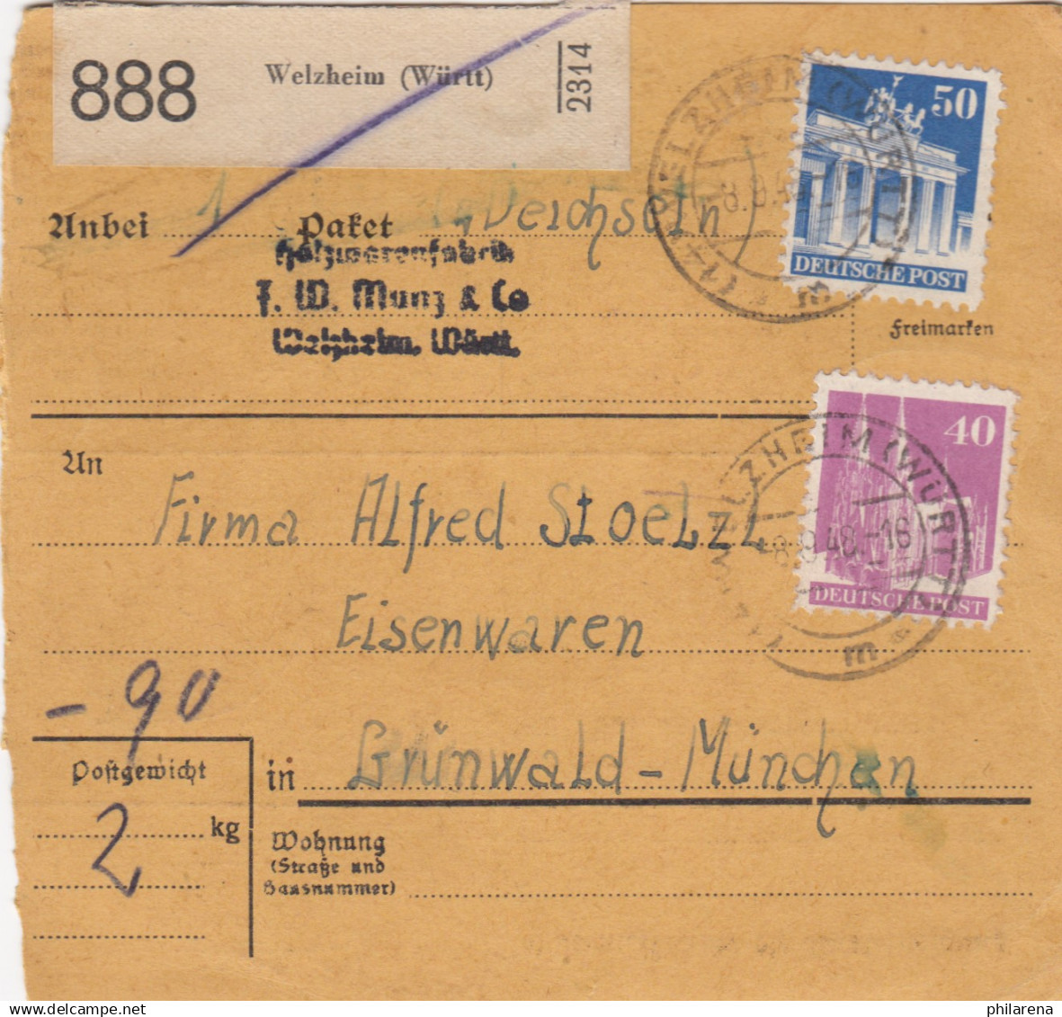 BiZone Paketkarte 1948: Welzheim Nach Grünwald-München - Briefe U. Dokumente