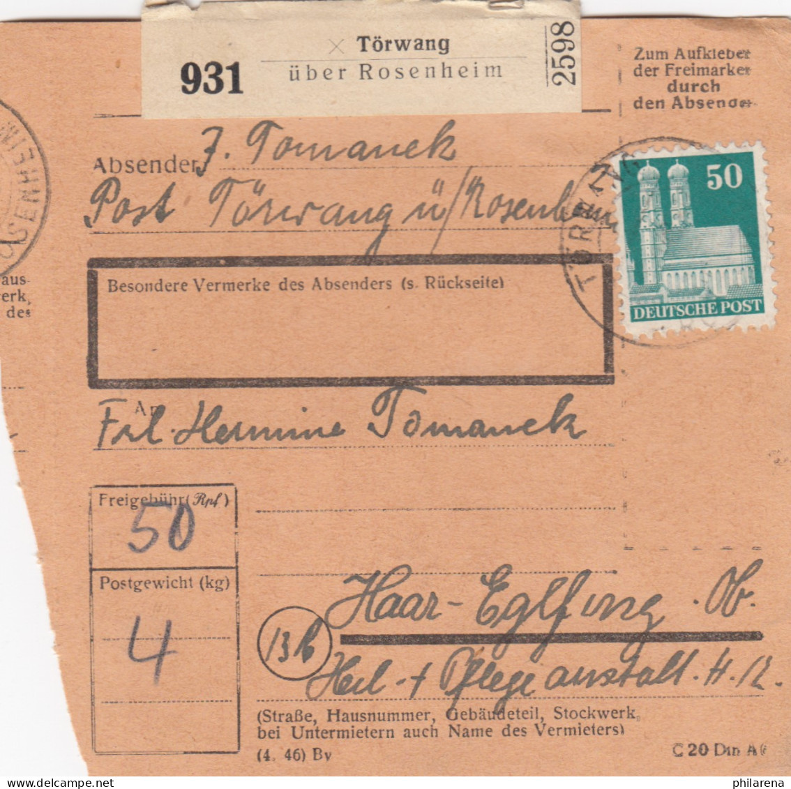 BiZone Paketkarte: Törwang Nach Haar-Eglfing, Heilanstalt - Lettres & Documents