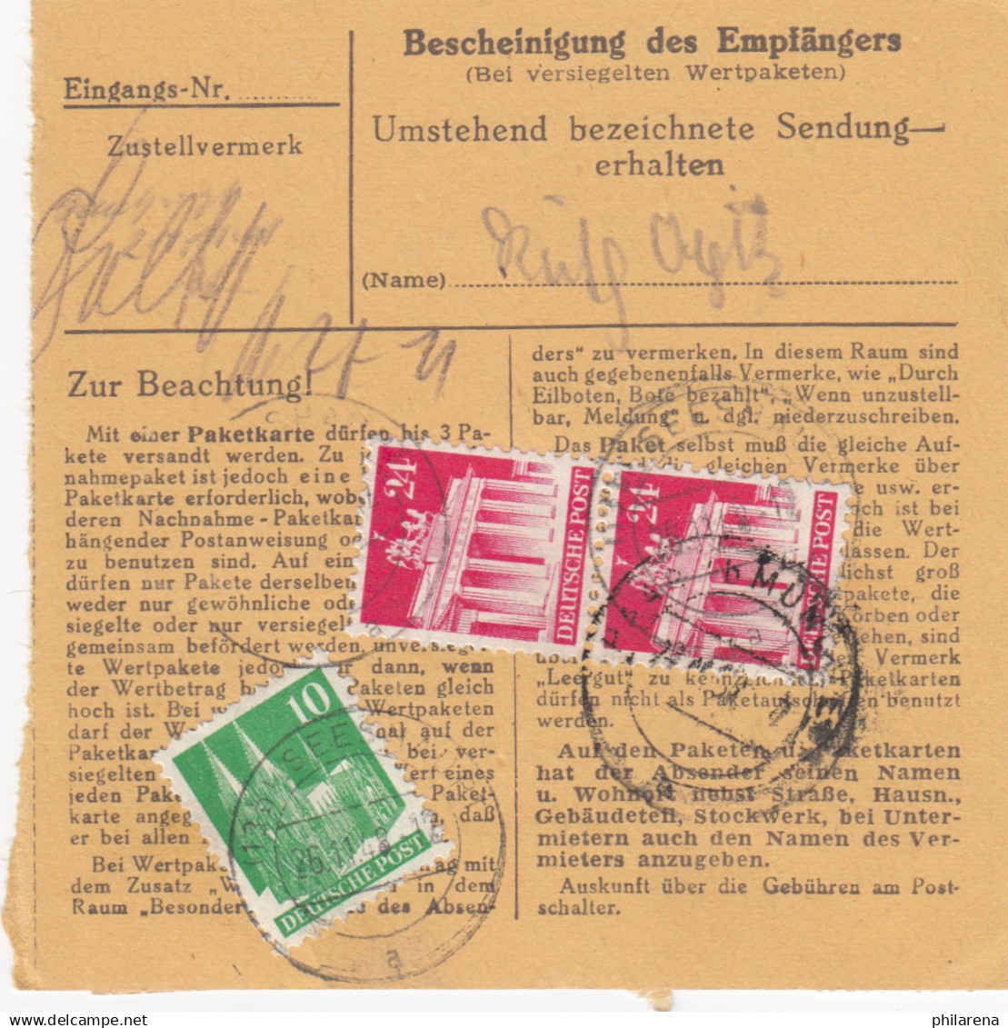 BiZone Paketkarte 1948: Seeshaupt Nach Haar B. München - Lettres & Documents