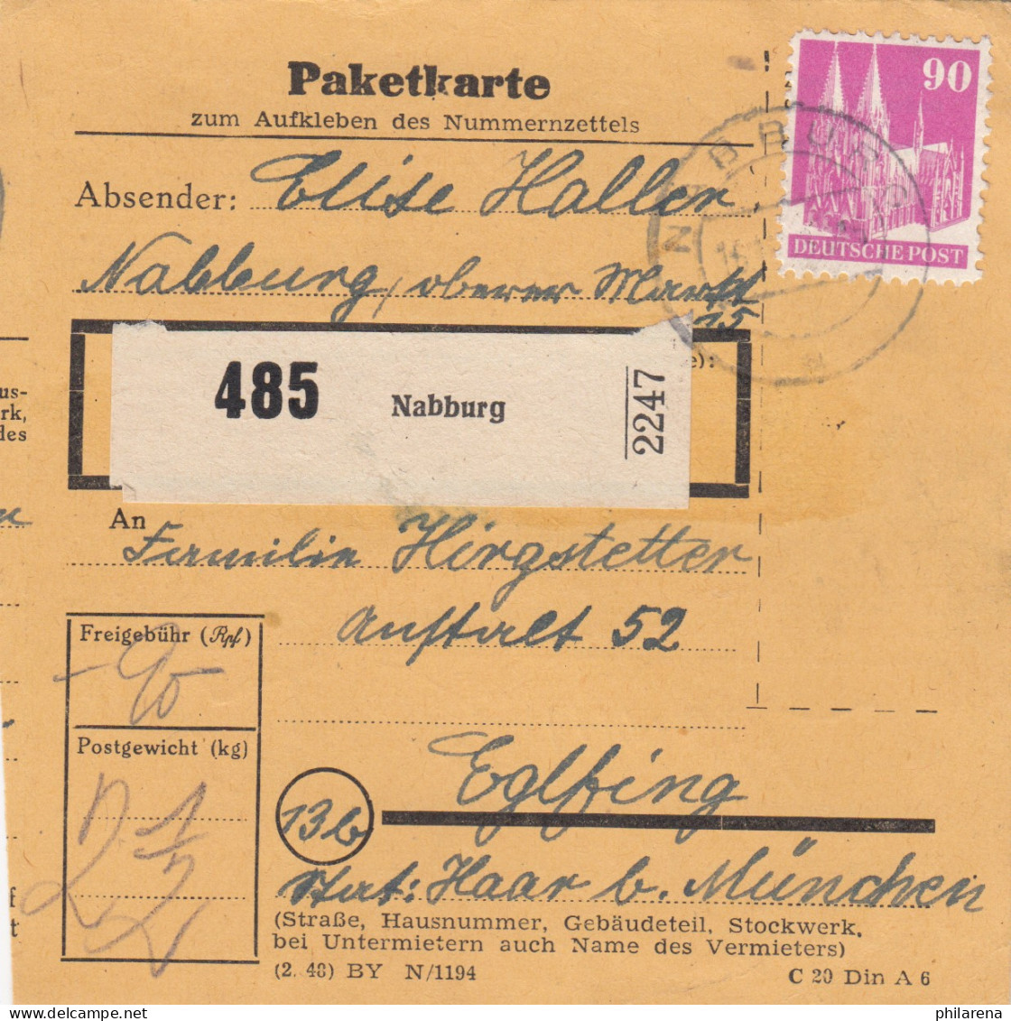 BiZone Paketkarte 1948: Nabburg Nach Eglfing B.München - Briefe U. Dokumente