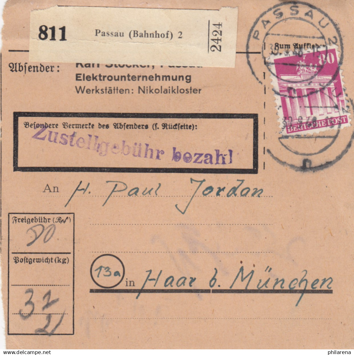 BiZone Paketkarte 1948: Passau (Bahnhof) 2 Nach Haar B. München - Covers & Documents