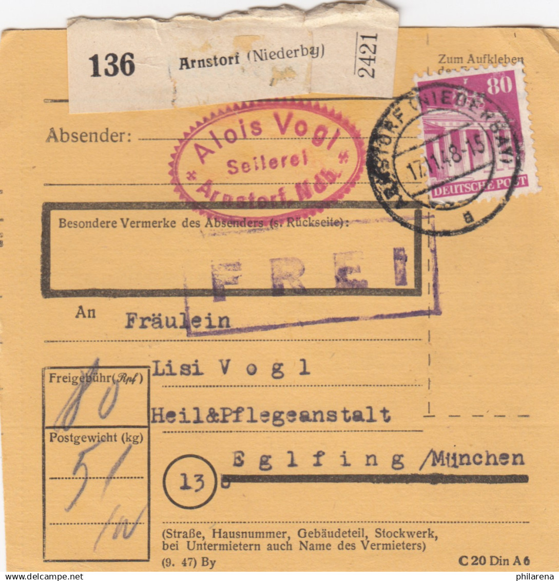 BiZone Paketkarte 1948: Arnstorf Nach Eglfing, Heilanstalt - Lettres & Documents