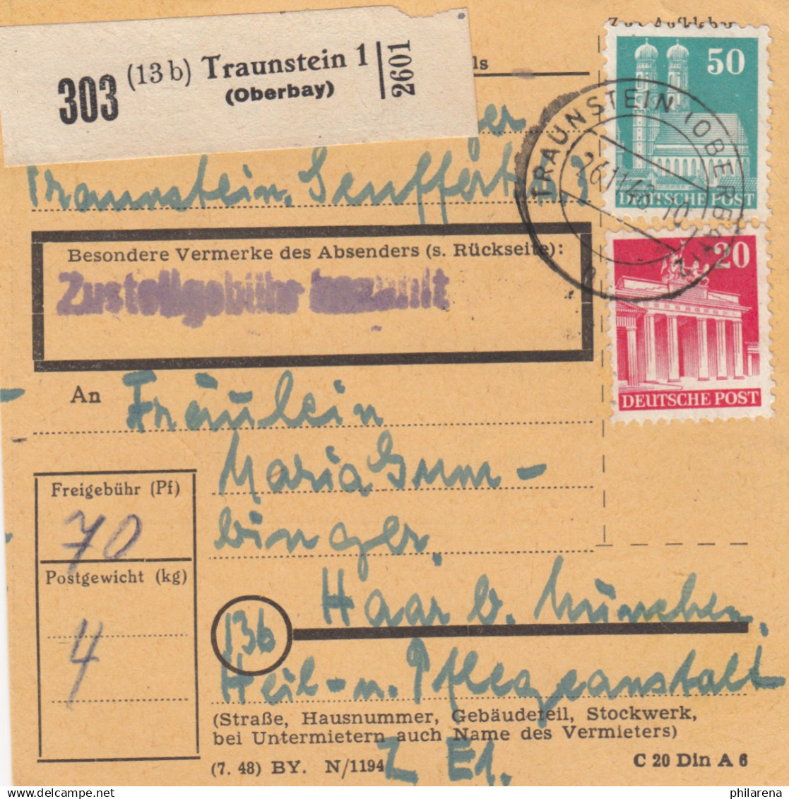 BiZone Paketkarte 1948: Traunstein Nach Haar, Heilanstalt - Covers & Documents