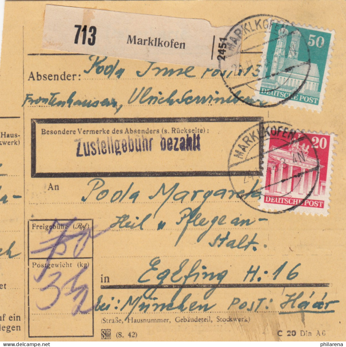 BiZone Paketkarte 1948: Marklkofen Nach Eglfing, Pflegeanstalt - Briefe U. Dokumente