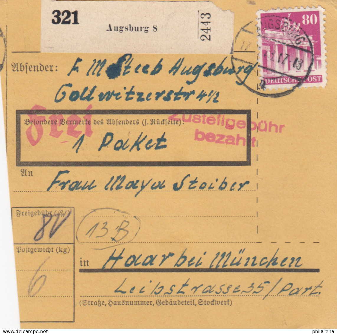 BiZone Paketkarte 1948: Augsburg Nach Haar Bei München - Lettres & Documents