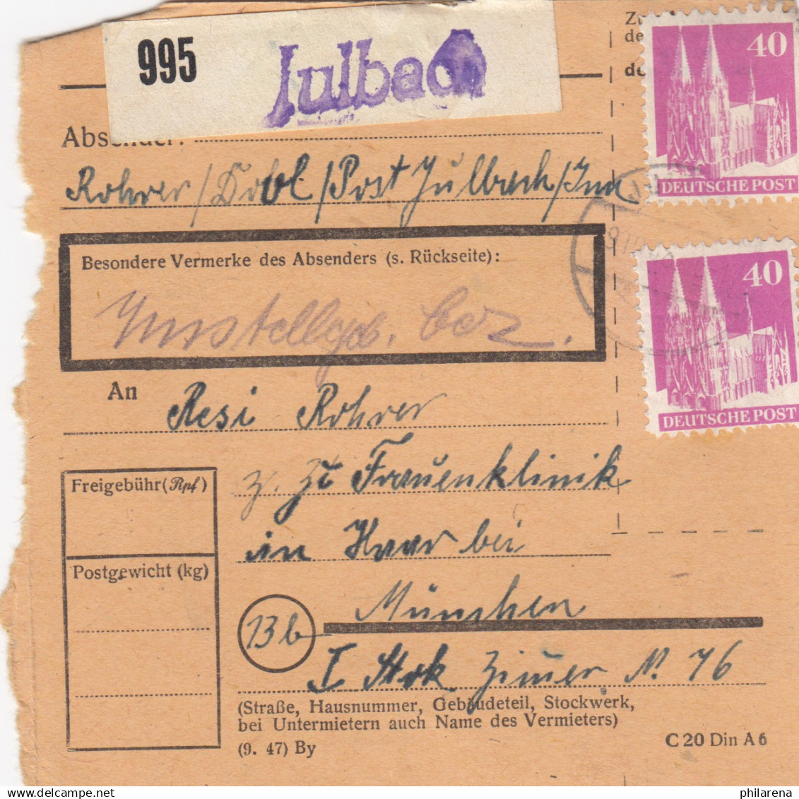 BiZone Paketkarte 1948: Julbach Nach Haar, Frauenklinik - Brieven En Documenten