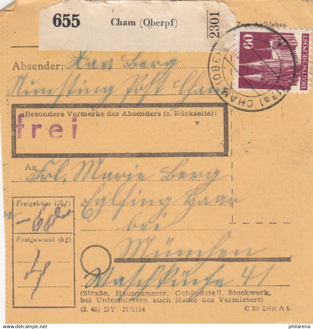 BiZone Paketkarte 1948: Cham Nach Eglfing Haar Bei München - Cartas & Documentos