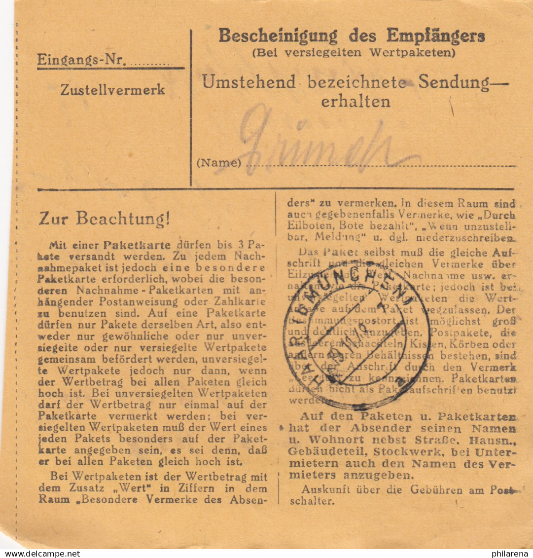 BiZone Paketkarte 1948: Cham Nach Eglfing Haar Bei München - Lettres & Documents