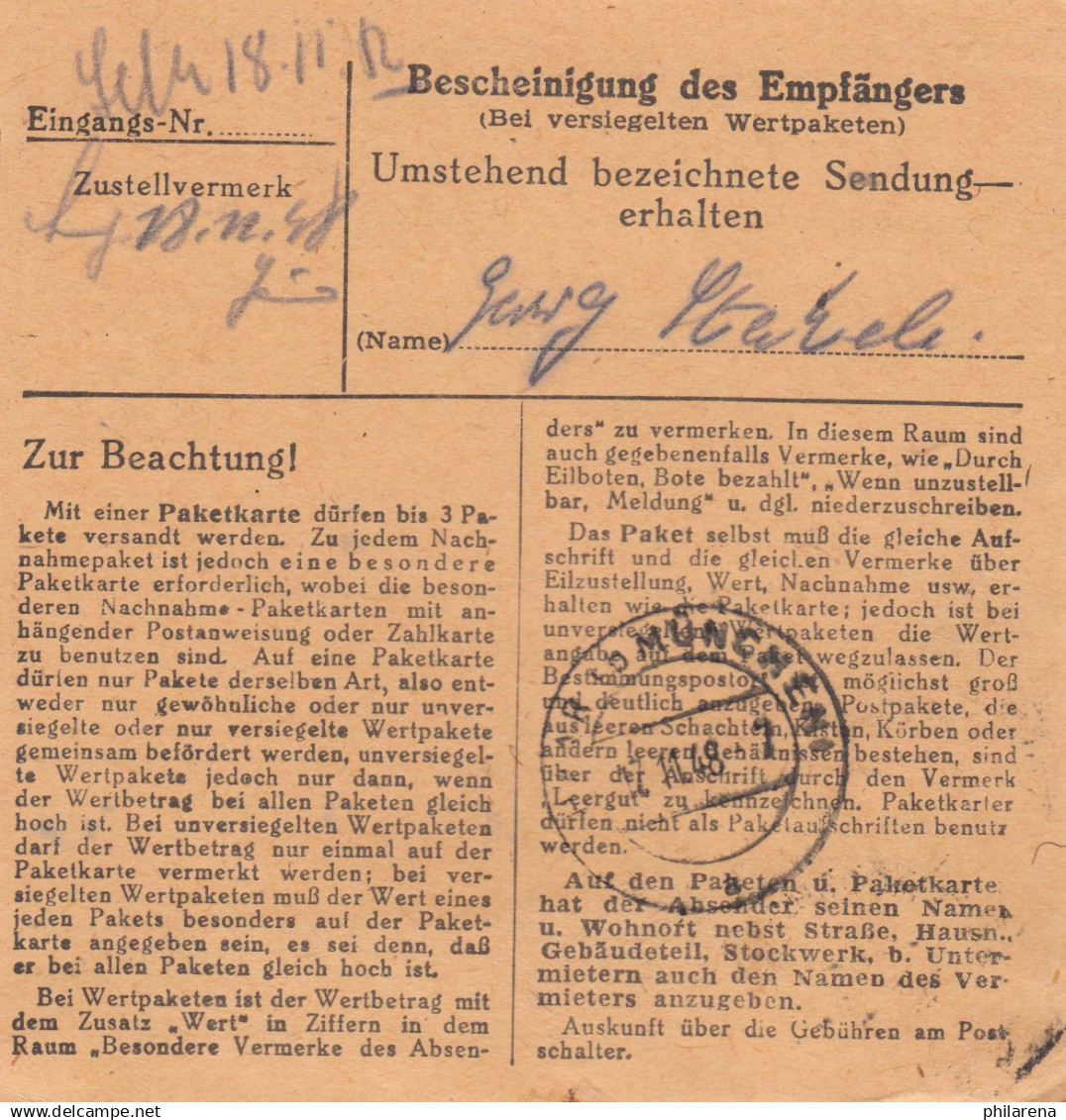 BiZone Paketkarte 1948: Mauern Nach Haar Bei München - Briefe U. Dokumente