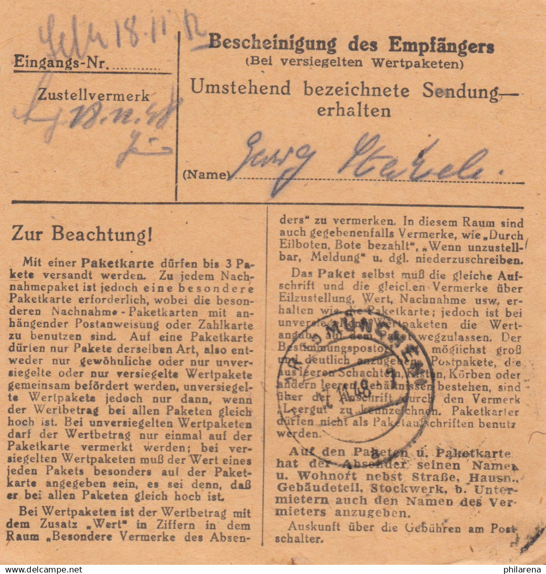 BiZone Paketkarte 1948: Mauern Nach Haar Bei München - Cartas & Documentos