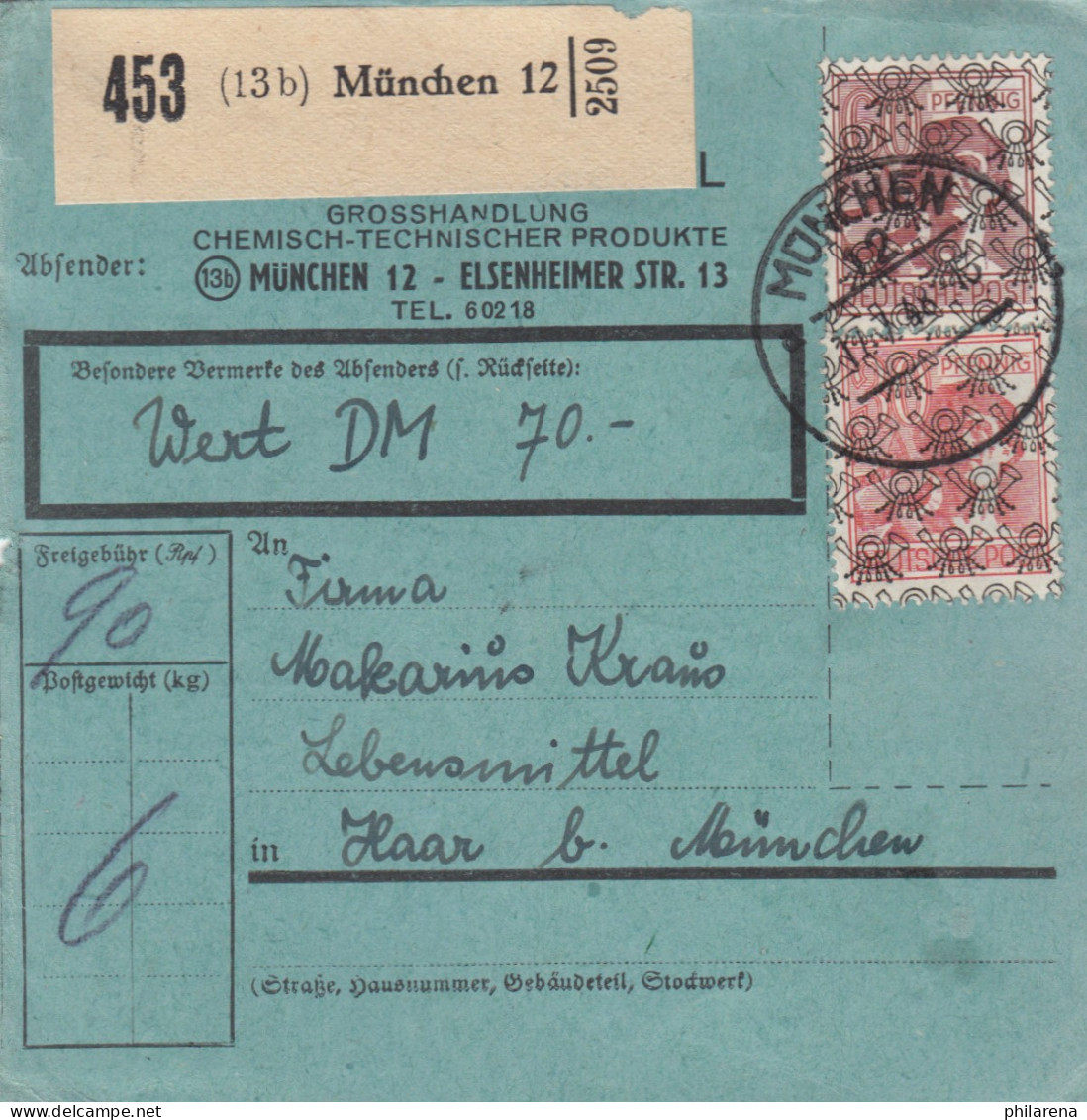 BiZone Paketkarte 1948: München N. Haar, Wertkarte, Selbstbucher, Bes. Formular - Lettres & Documents