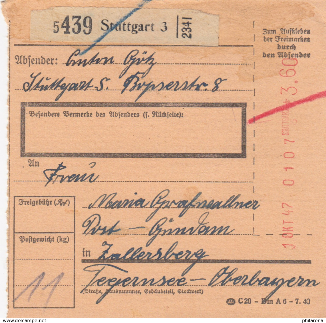 BiZone Paketkarte 1947: Stuttgart Nach Zollersberg Tegernsee - Briefe U. Dokumente