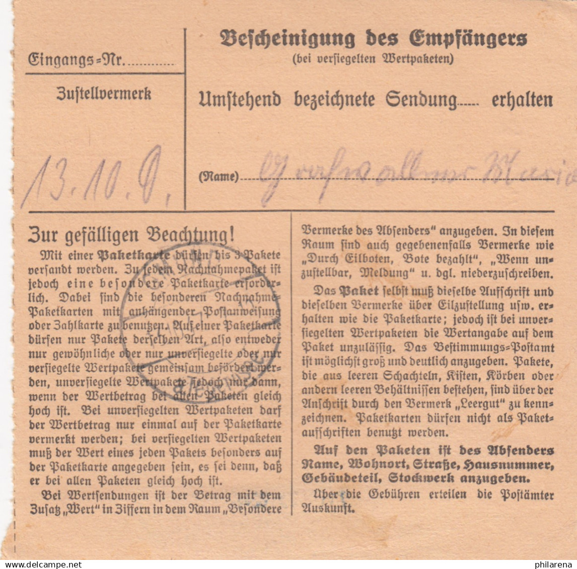 BiZone Paketkarte 1947: Stuttgart Nach Zollersberg Tegernsee - Lettres & Documents