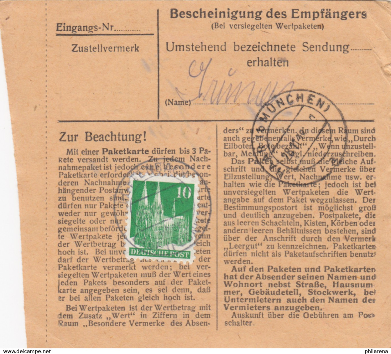 BiZone Paketkarte 1948: Hüttenbach Nach Eglfing - Briefe U. Dokumente