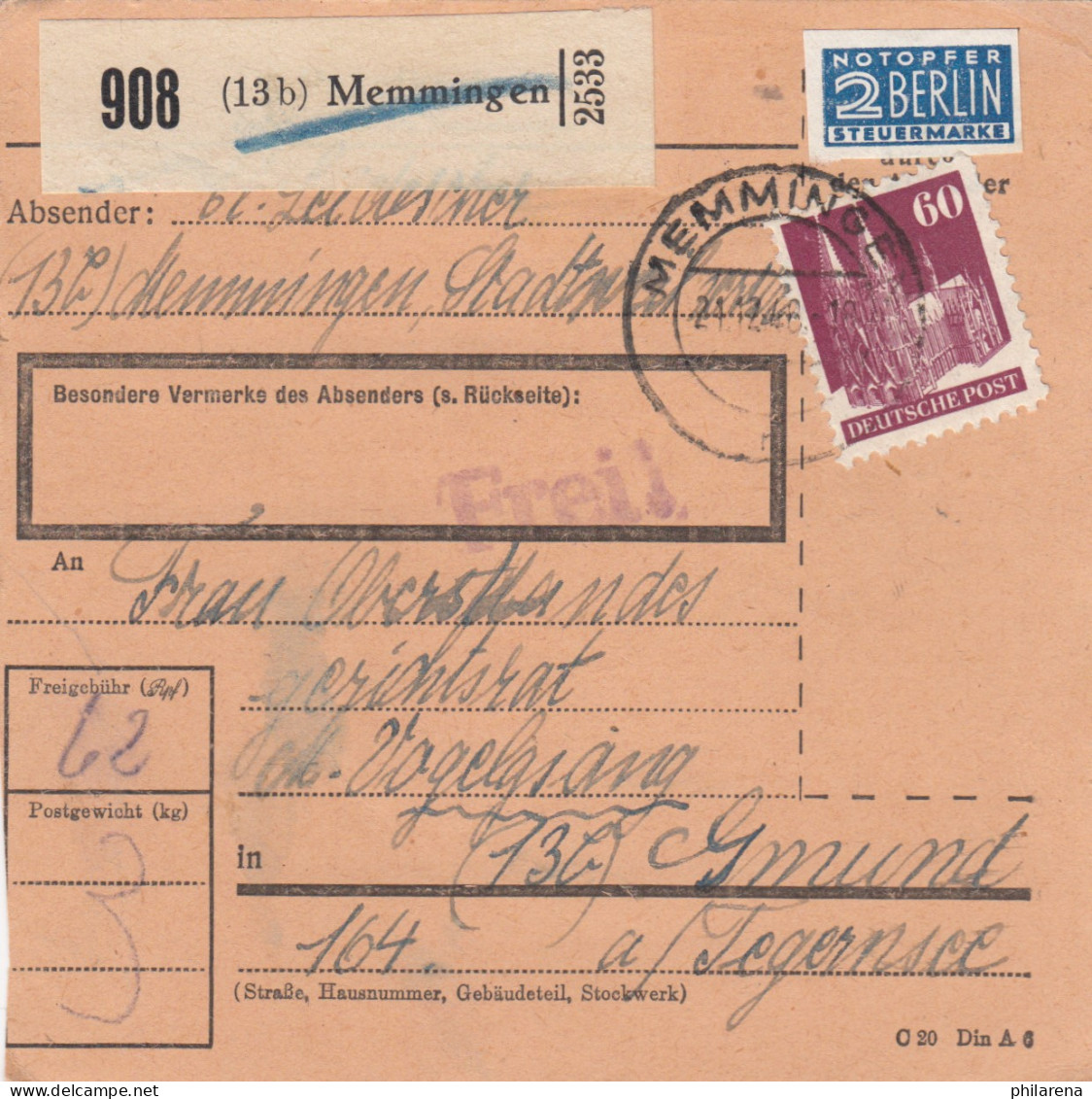 BiZone Paketkarte 1948: Memmingen Nach Gmund A. Tegernsee - Cartas & Documentos